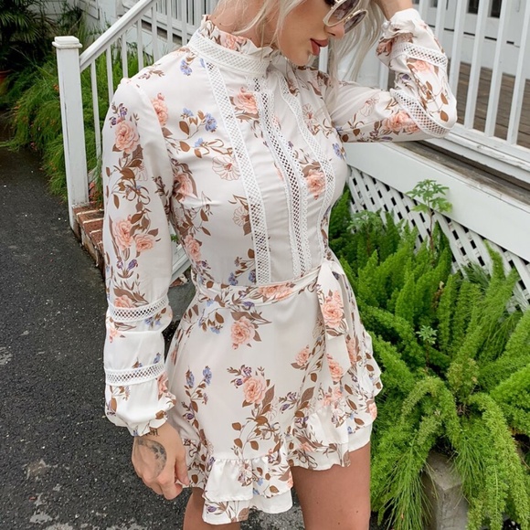 floral print belted lace detail boho dress spring - Picture 2 of 5